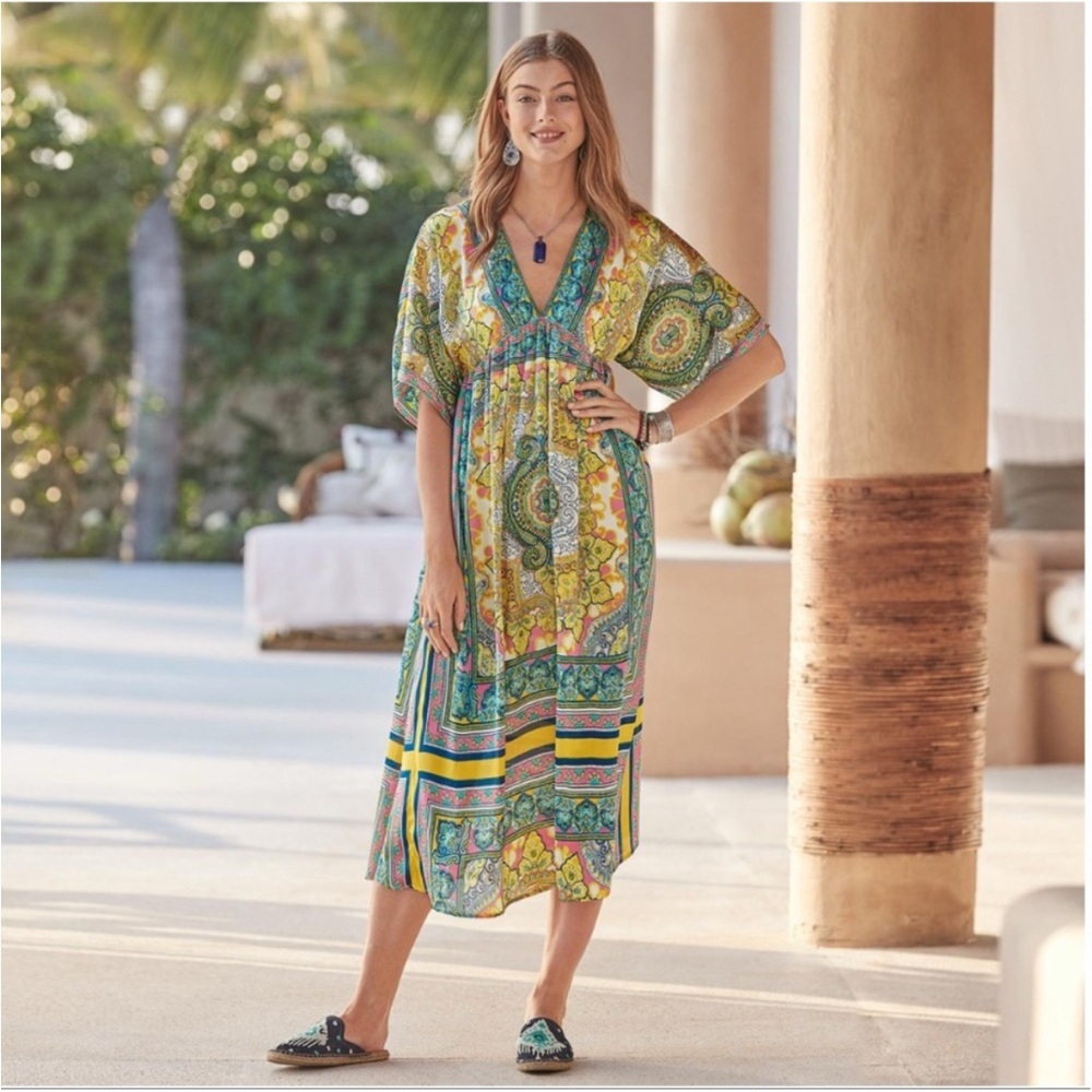 Sundance Multicolor Paisley V-Neck Swim Coverup - Yellow Green Blue